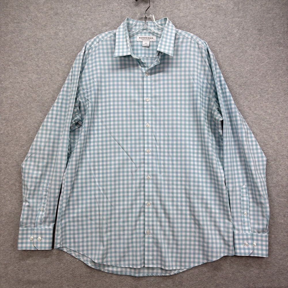 Mizzen+Main Shirt Mens Large Blue White Gingham Check Performance Stretch Active